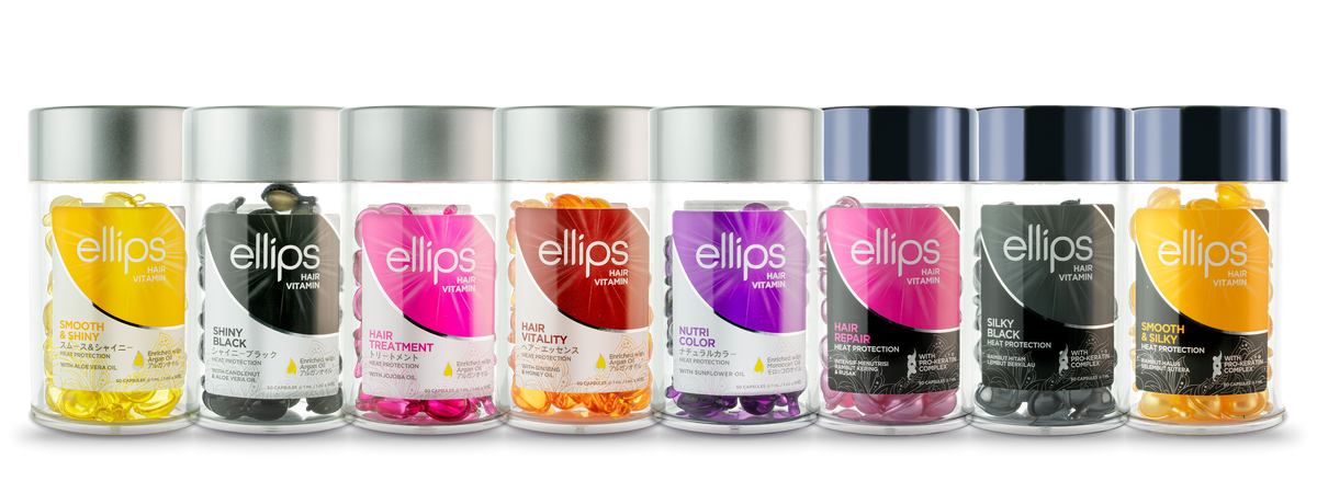 Kahdeksan Ellips Hair Vitamin -purkkia rivissä: Smooth & Shiny, Shiny Black, Hair Treatment, Hair Vitality, Nutri Color, Hair Repair, Silky Black ja Smooth & Silky