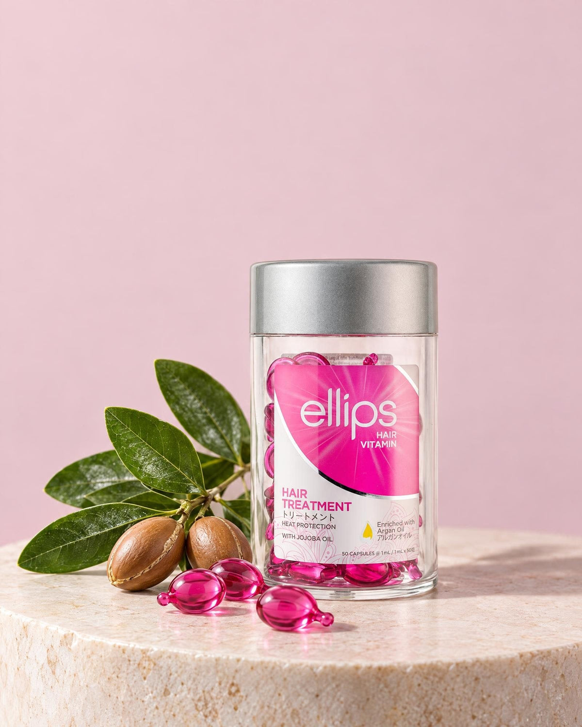 Ellips Hair Treatment -purkki, kapseleita ja arganhedelmiä