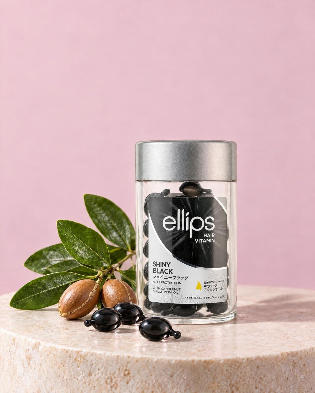Ellips Shiny Black -purkki ja koostumuksen pääainesosat