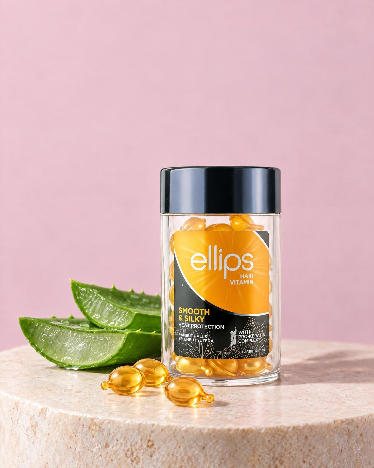 Ellips Smooth & Silky -purkki ja koostumuksen pääainesosat