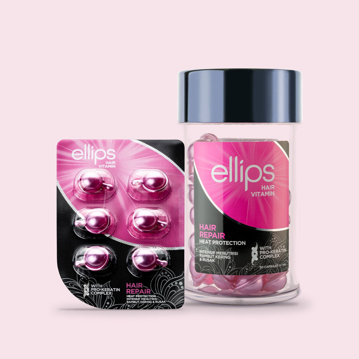 Ellips Hair Repair -kokeilukoko 50 kapselin purkin vieressä