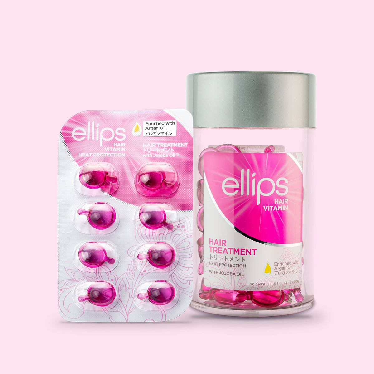 Ellips Hair Treatment -kokeilukoko 50 kapselin purkin vieressä