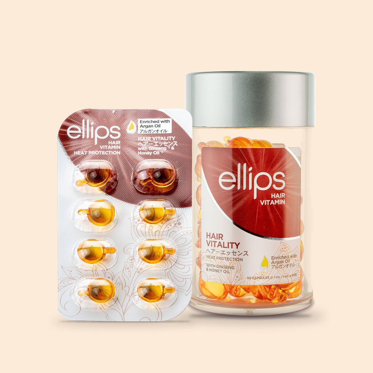 Ellips Hair Vitality -kokeilukoko 50 kapselin purkin vieressä