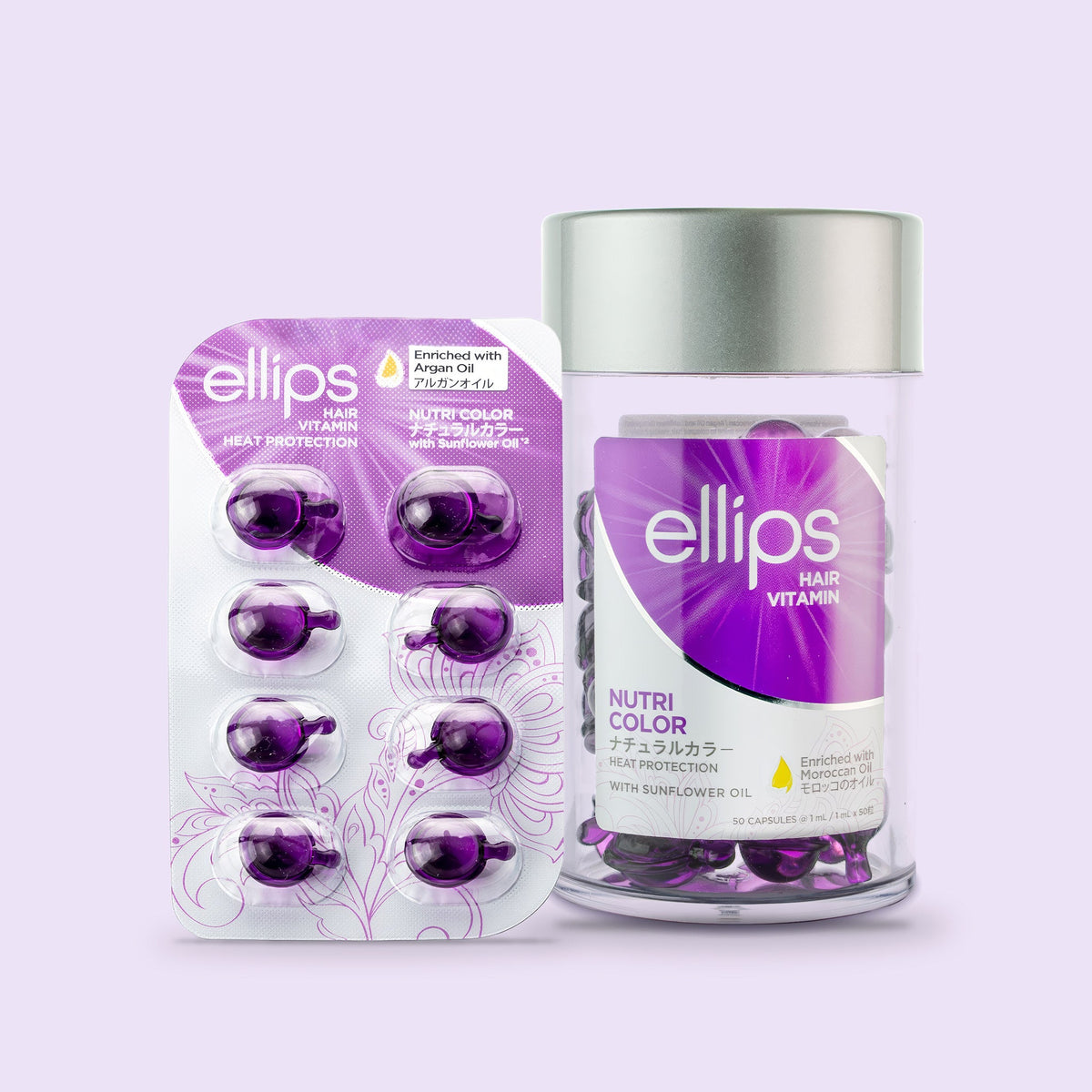 Ellips Nutri Color -kokeilukoko 50 kapselin purkin vieressä
