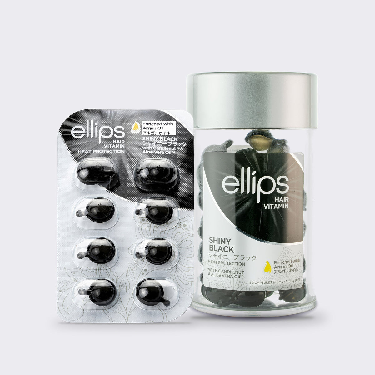 Ellips Shiny Black -kokeilukoko 50 kapselin purkin vieressä