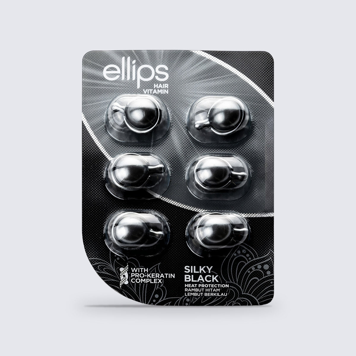 Ellips Silky Black -kokeilukoko: 6 hiusöljykapselia läpipainopakkauksessa