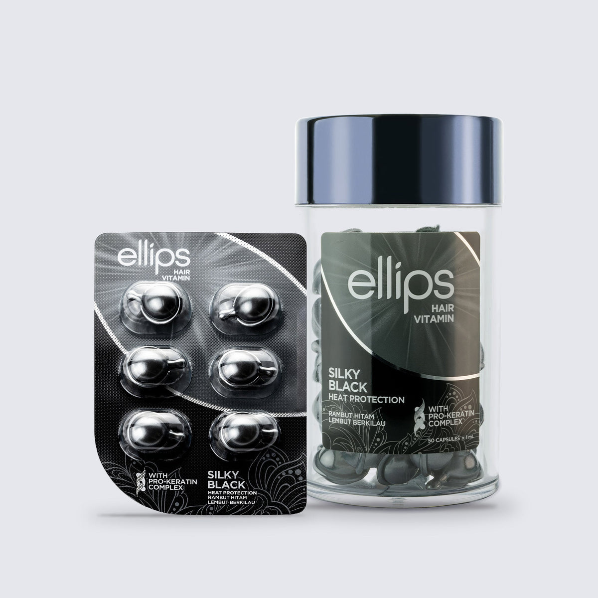 Ellips Silky Black -kokeilukoko 50 kapselin purkin vieressä