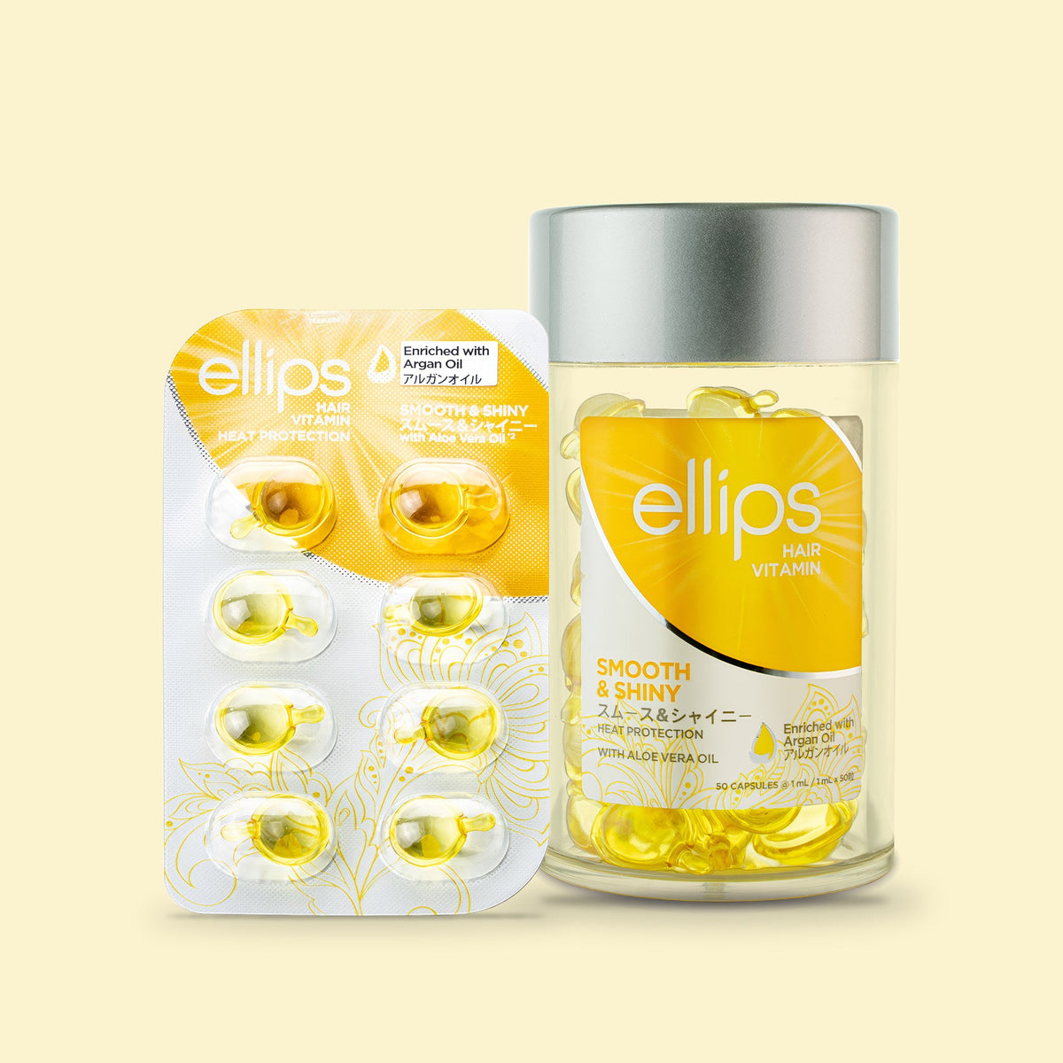 Ellips Smooth & Shiny -kokeilukoko 50 kapselin purkin vieressä