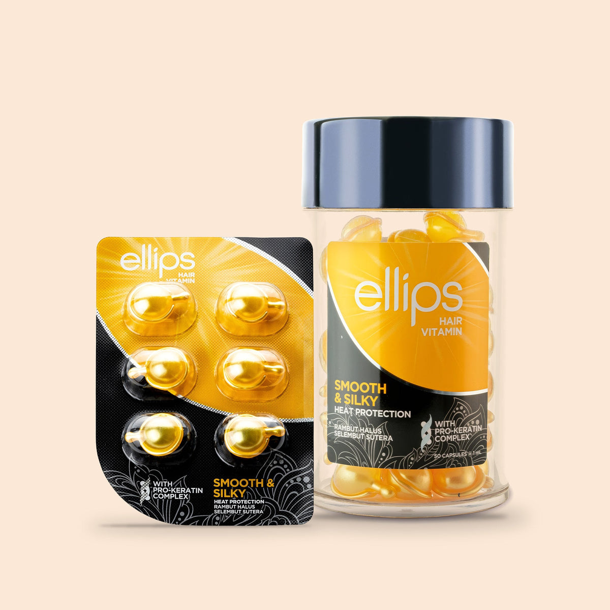 Ellips Smooth & Silky -kokeilukoko 50 kapselin purkin vieressä
