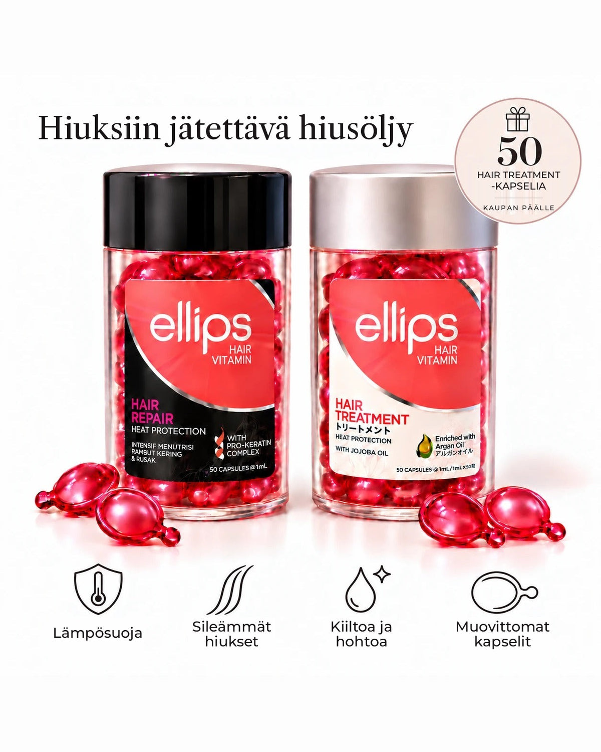 Ellips Hair Repair- ja Hair Treatment -purkit: hiuksiin jätettävä hiusöljy, 50 Hair Treatment -kapselia kaupan päälle