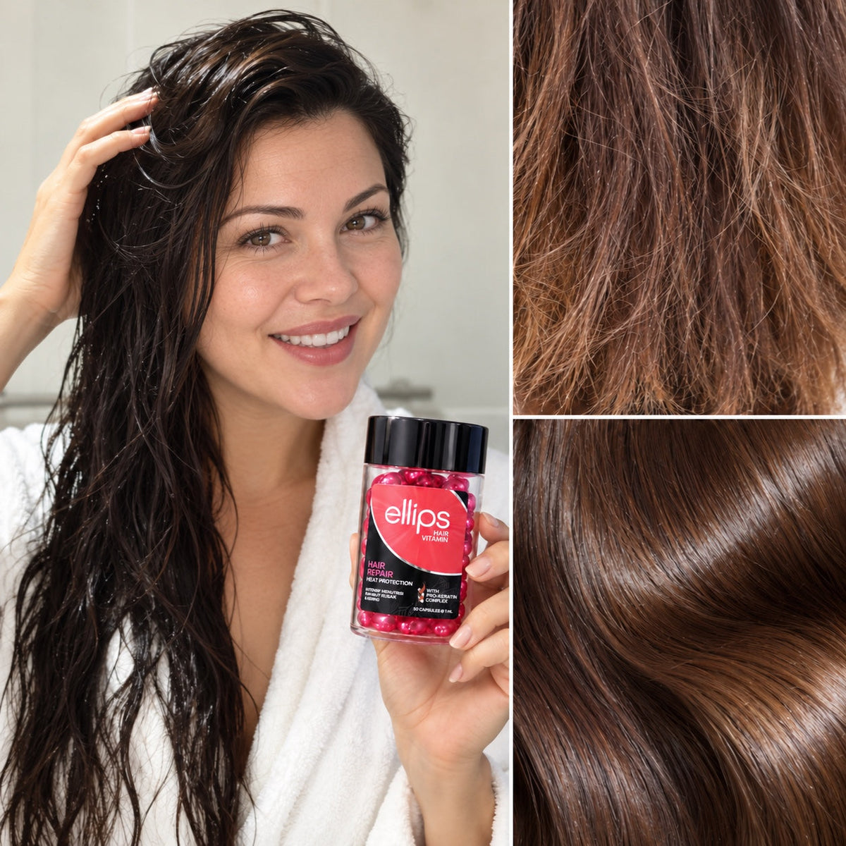 Havainnekuva: nainen märin hiuksin pitelee Ellips Hair Repair -purkkia, vieressä kuivat, pörröiset ja sileät, kiiltävät hiukset