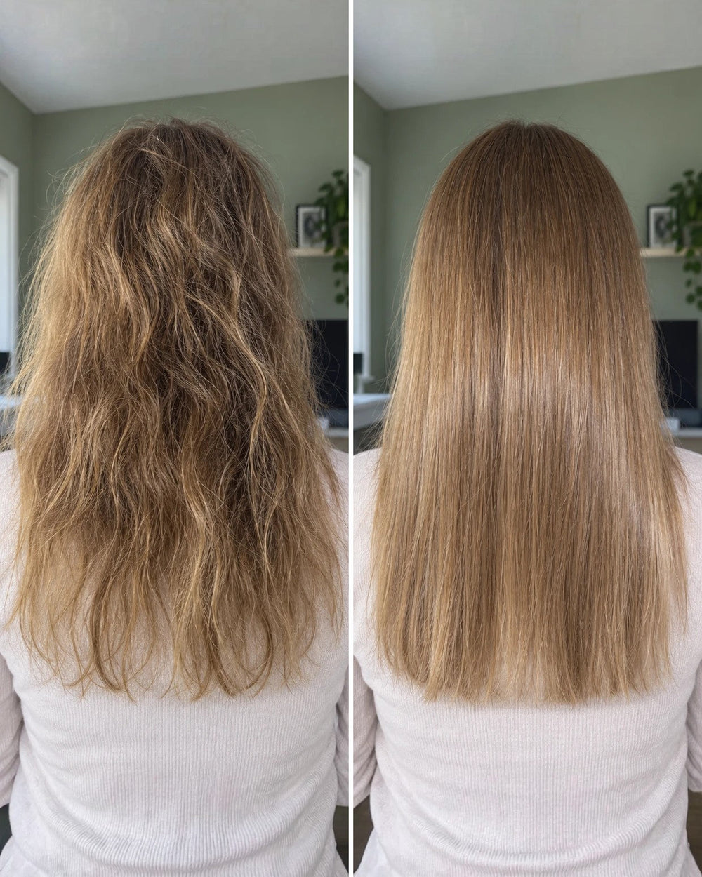 Havainnekuva takaa: pörröiset, laineikkaat vaaleanruskeat hiukset ja sileät, suorat, kiiltävät hiukset