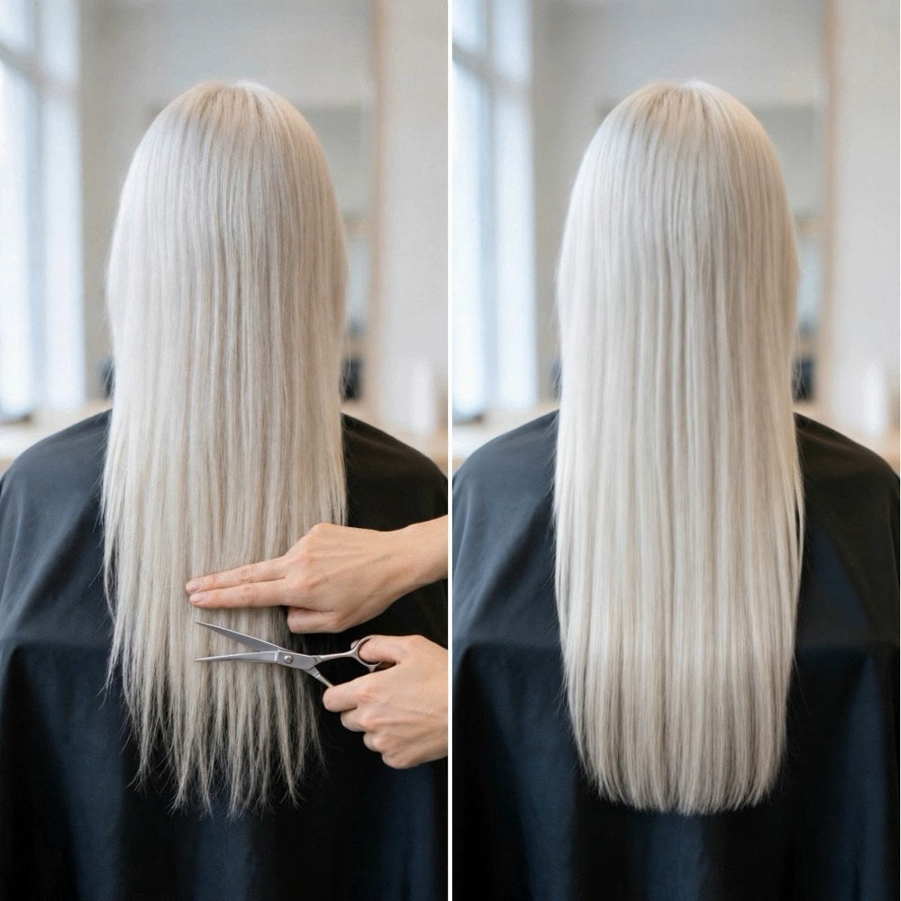 Havainnekuva: kuivat platinanvaaleat latvat leikkuun edellä ja Ellips Hair Repair -kapselilla silotetut latvat täydessä pituudessaan